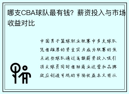 哪支CBA球队最有钱？薪资投入与市场收益对比