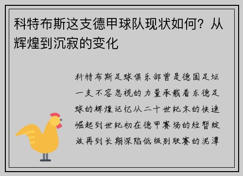 科特布斯这支德甲球队现状如何？从辉煌到沉寂的变化