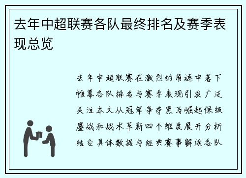 去年中超联赛各队最终排名及赛季表现总览